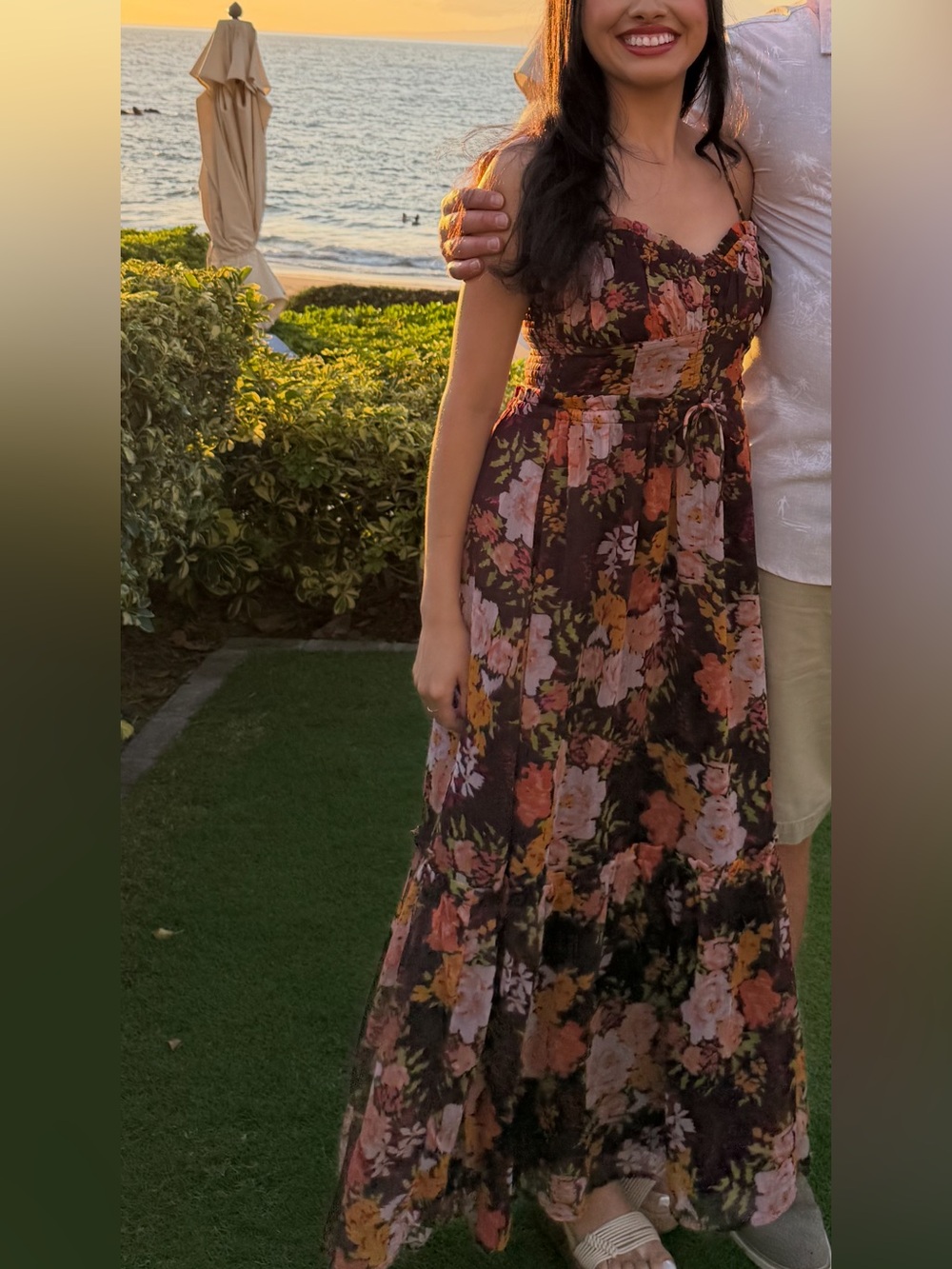 Patrons of Peace Brown Floral Maxi Dress with Pink and Orange Blooms